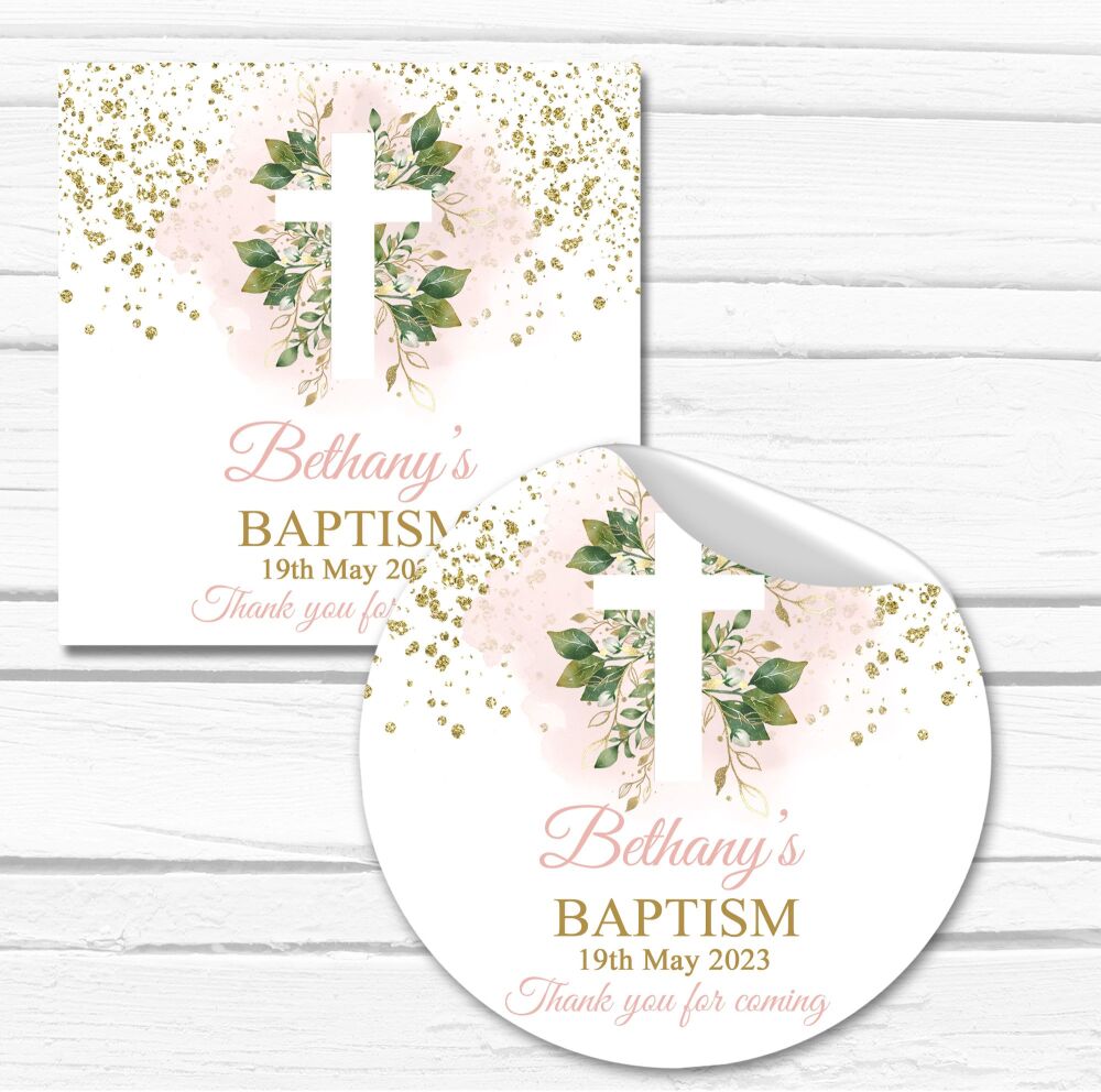 Pink Botanicals Floral Cross Personalised Christening Stickers