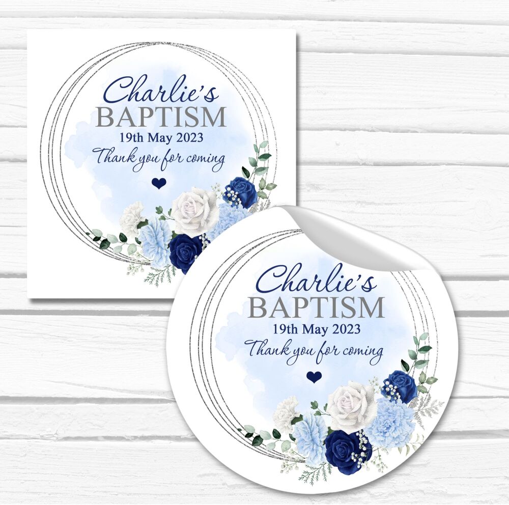 Blue Floral Frame Personalised Christening Stickers