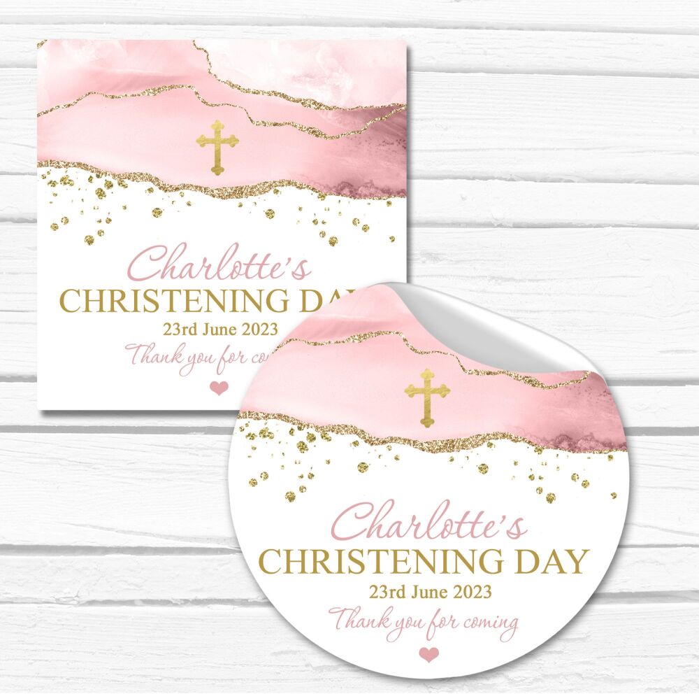Pink And Gold Agate Cross Christening Stickers