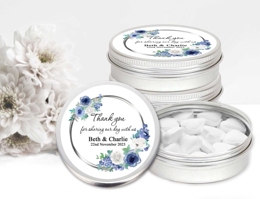 Blue Floral Frame Wedding Favours Mint Tins x1