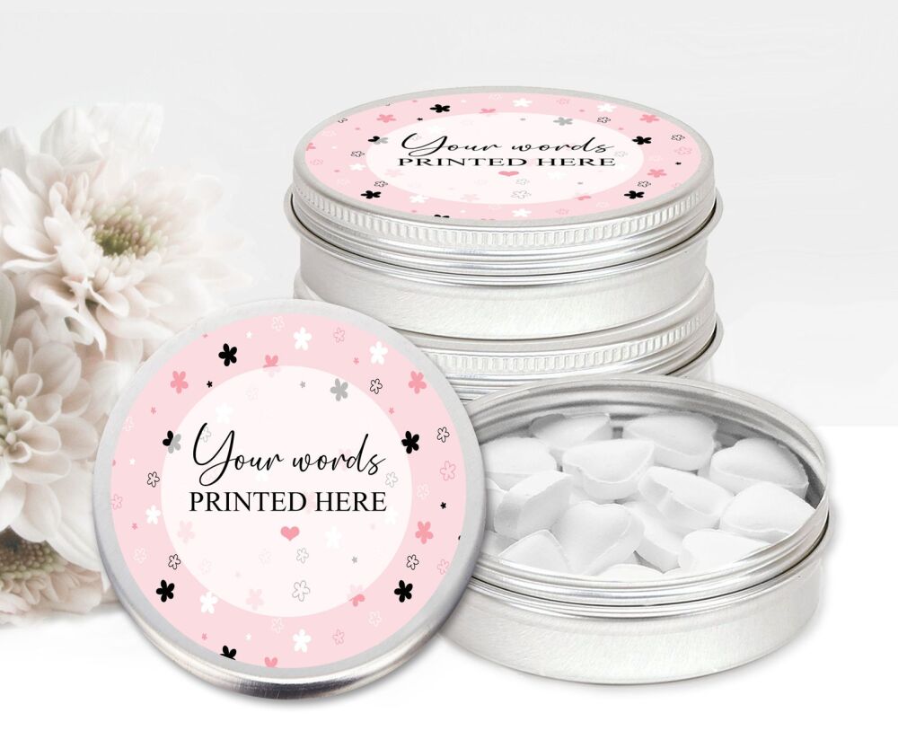 Pink Doodle Flowers Personalised Your Own Words Mint Tins Favours x1