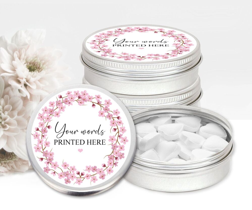 Sakura Pink Wreath Personalised Your Own Words Mint Tins Favours x1