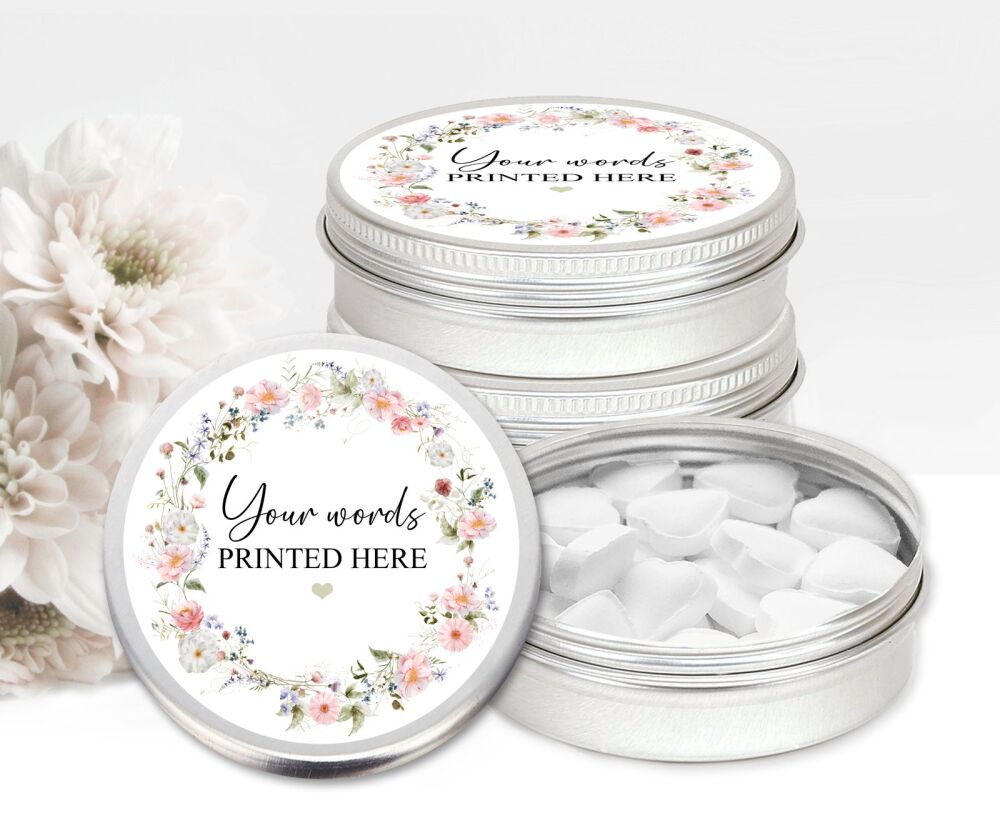 Wild Floral Wreath Personalised Your Own Words Mint Tins Favours x1