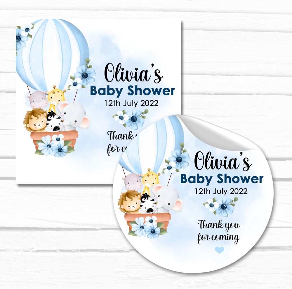 Animals In Blue Hot Air Balloon Baby Shower Stickers A4 Sheet x1