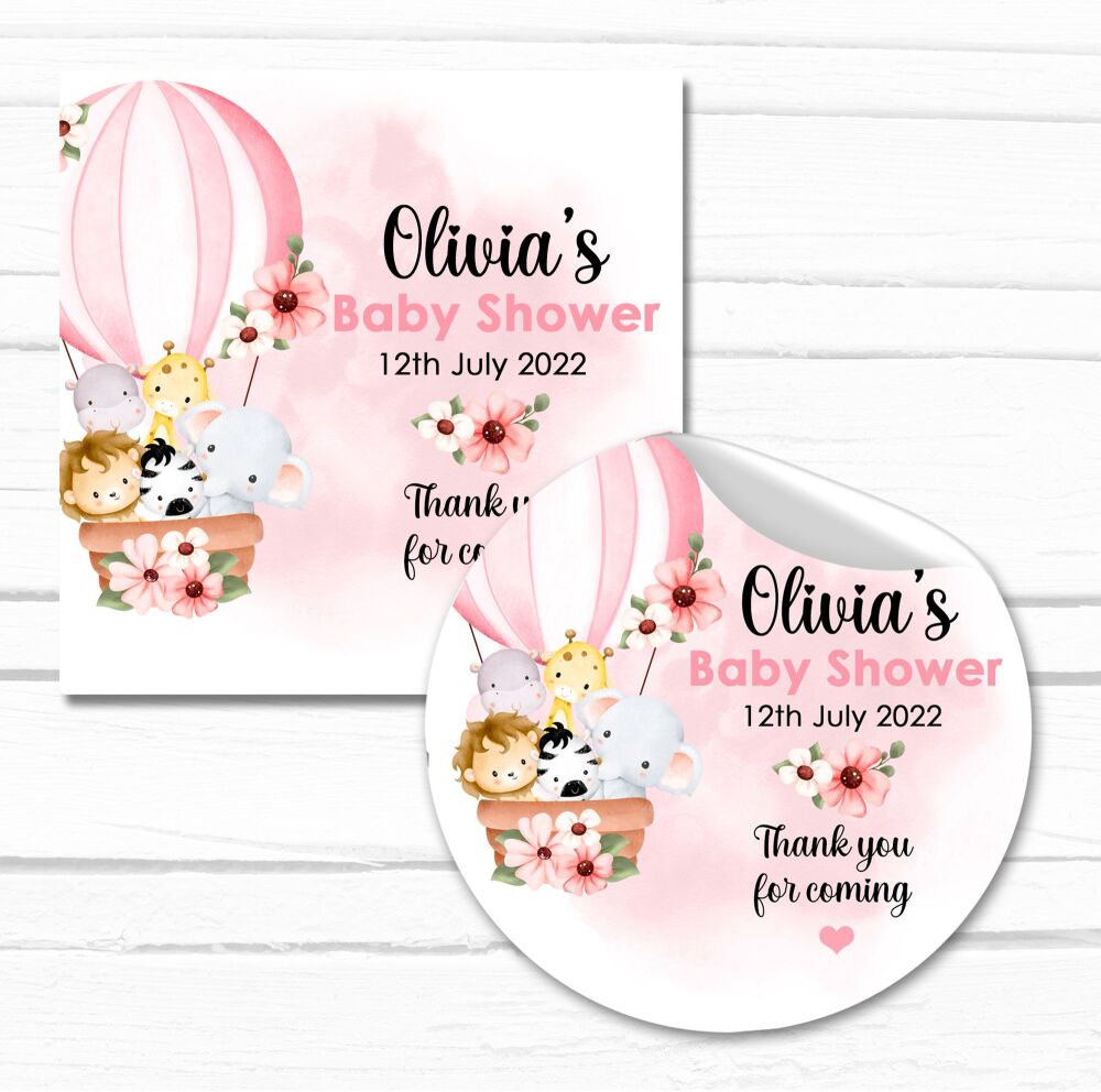 Animals In Pink Hot Air Balloon Baby Shower Stickers A4 Sheet x1