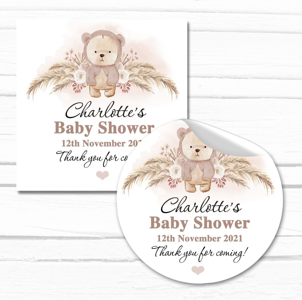 Boho Pampas Beige Bear Baby Shower Stickers A4 Sheet x1