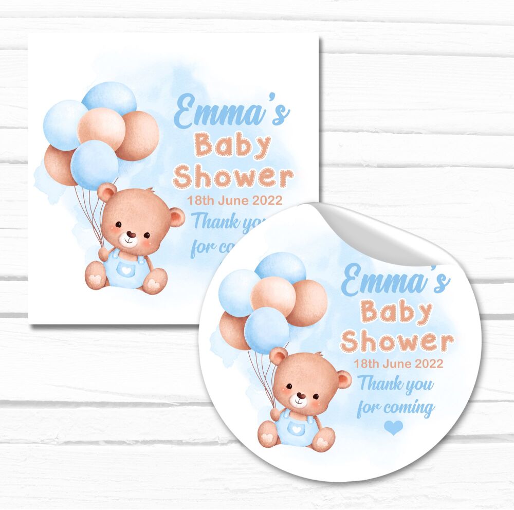 Personalised Stickers Baby Shower Blue Baby Bear Balloons