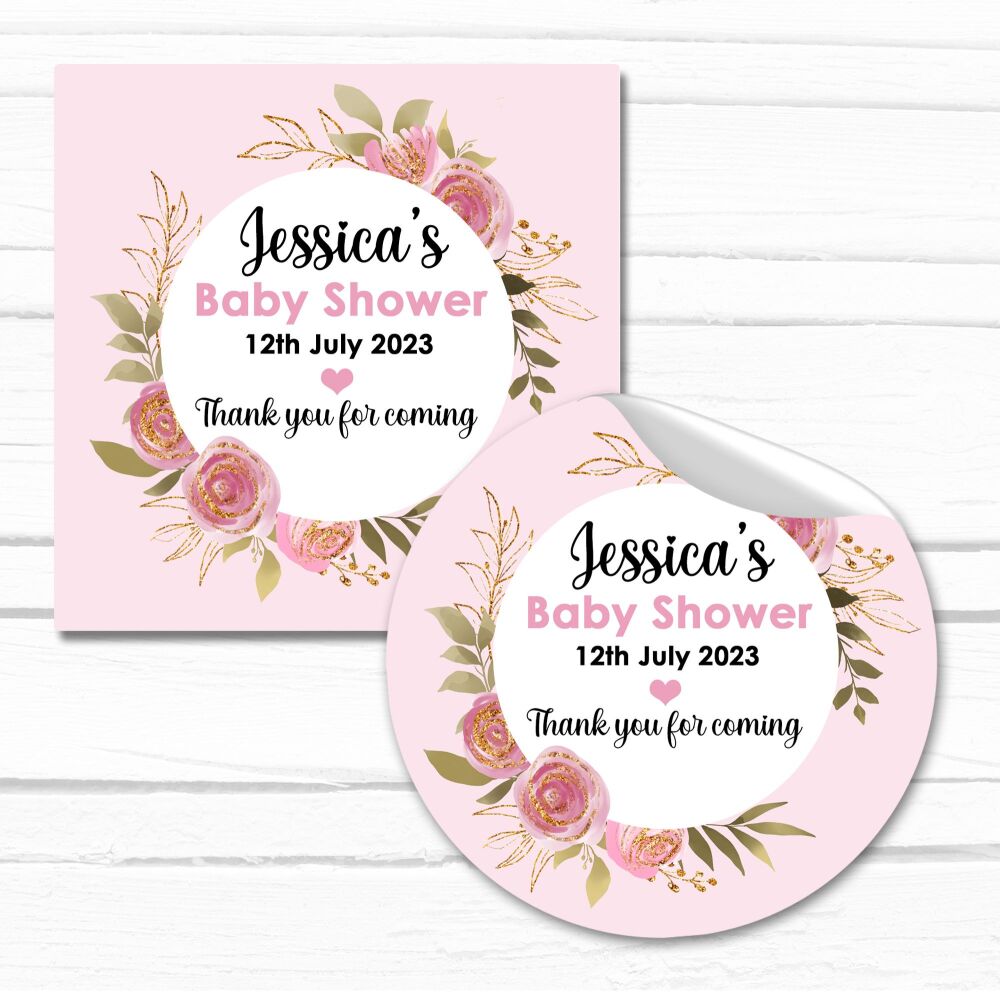 Pink Rose Botanicals Baby Shower Stickers A4 Sheet x1