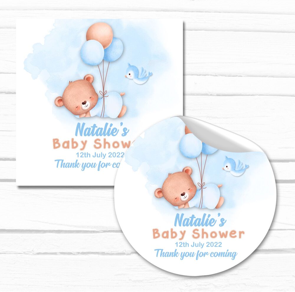 Sleeping Blue Bear Balloons Baby Shower Stickers A4 Sheet x1
