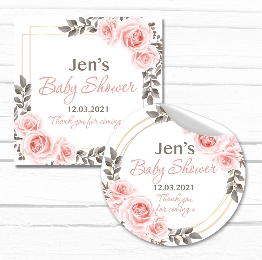 Blush Pink Roses Baby Shower Party Stickers A4 Sheet x1