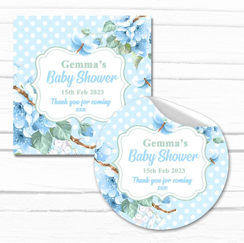 Blue Floral Polka Dots Baby Shower Party Stickers A4 Sheet x1