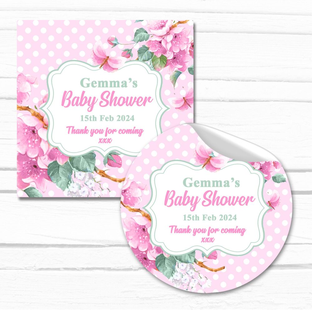 Pink Floral Polka Dots Baby Shower Party Stickers A4 Sheet x1