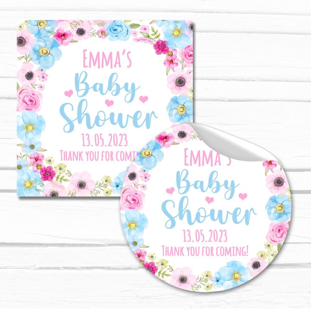 Pink And Blue Flowers Baby Shower Party Stickers A4 Sheet x1