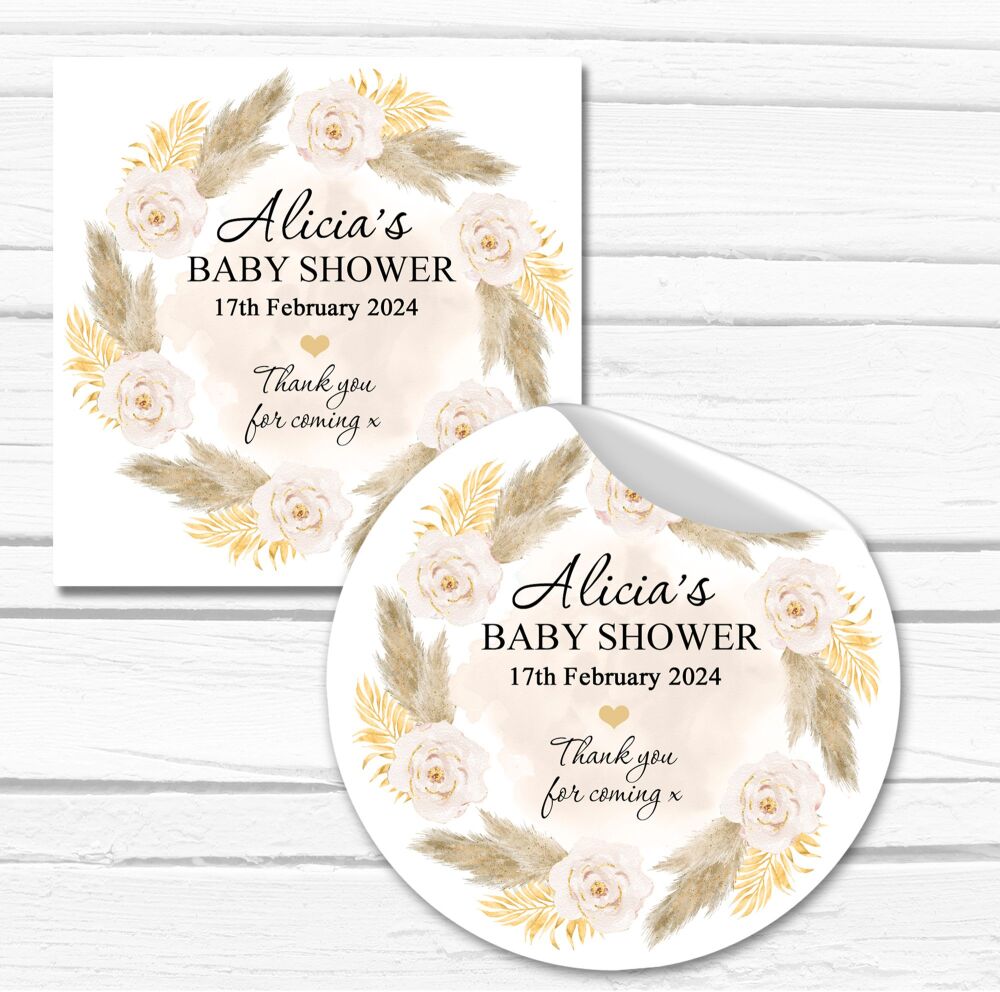 Boho Pampas Gold Leaves Baby Shower Party Stickers A4 Sheet x1