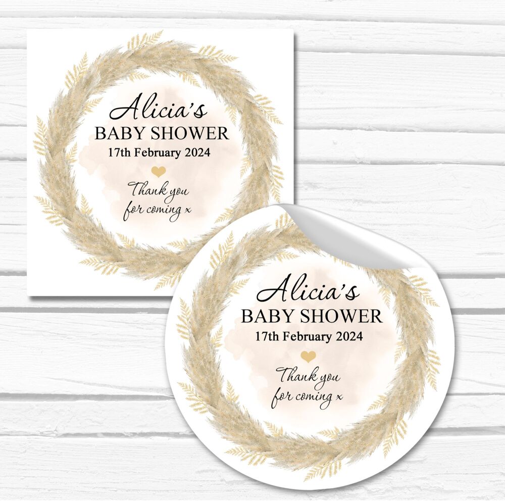 Boho Pampas Wreath Baby Shower Party Stickers A4 Sheet x1