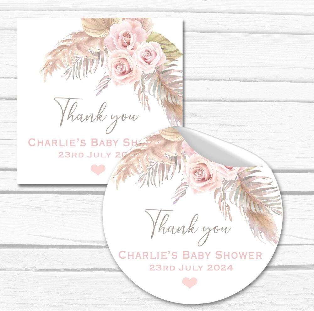 Boho Blush Pink Pampas Baby Shower Party Stickers A4 Sheet x1