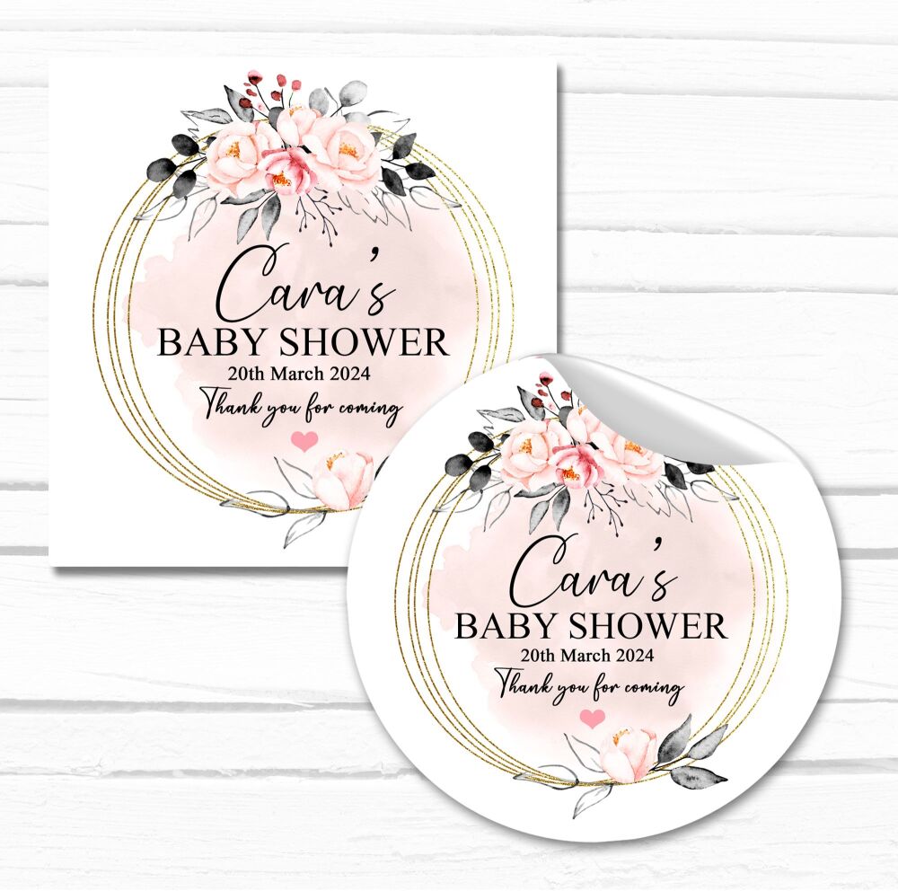 Blush Pink And Grey Flowers Baby Shower Party Stickers A4 Sheet x1