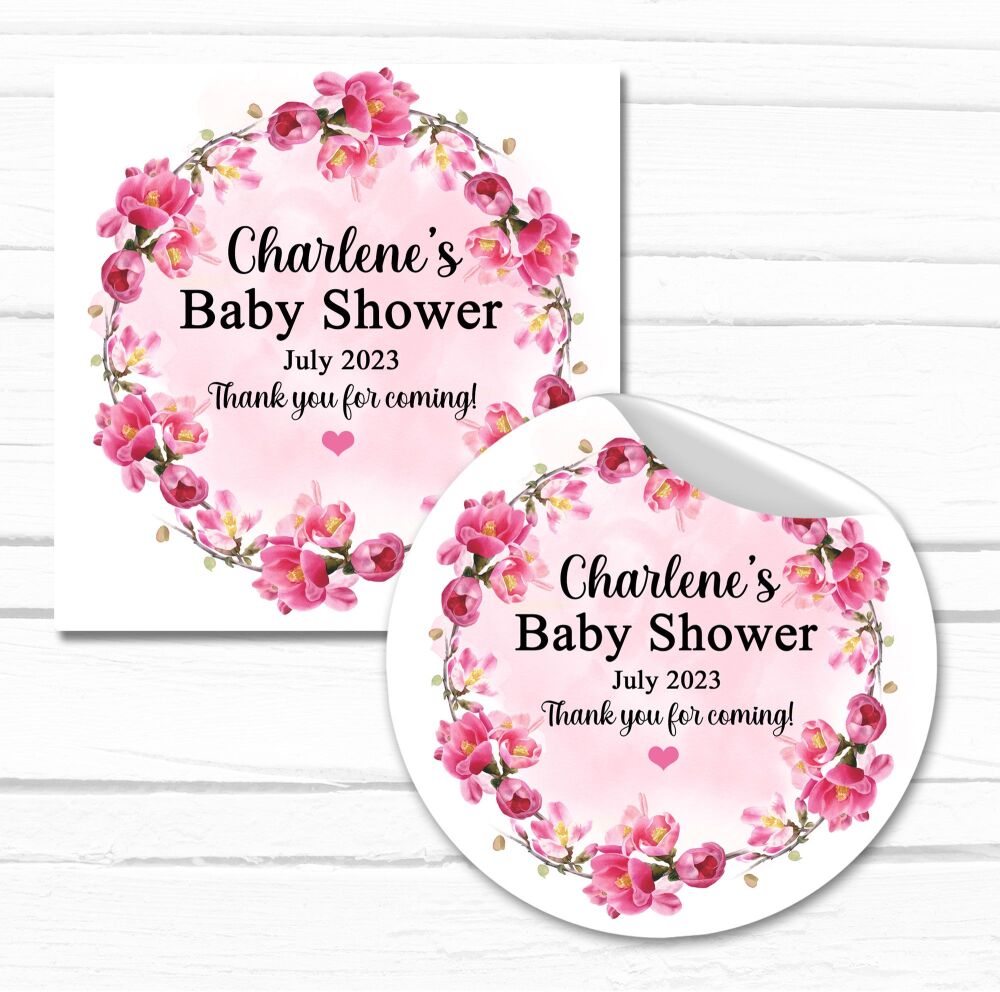 Bright Pink Blossoms Baby Shower Party Stickers A4 Sheet x1