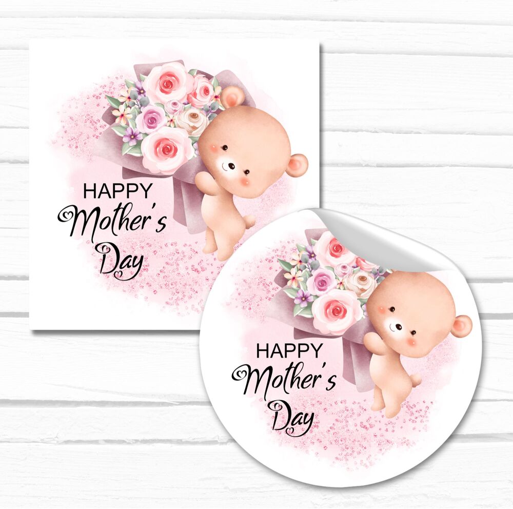 Teddy Bear With Big Bunch Of Flowers Happy Mother's Day Stickers
