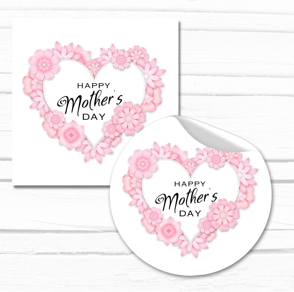 Mother's Day Stickers Pink Flower Heart - A4 Sheet x1