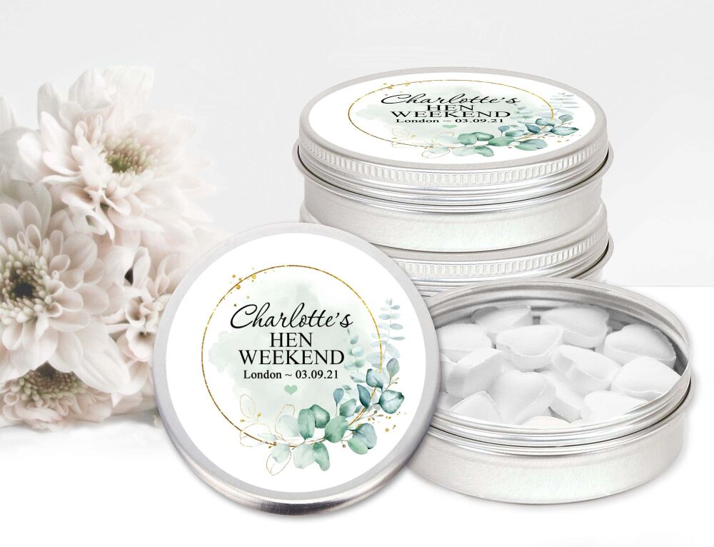 Eucalyptus Botanicals Gold Frame Hen Party Personalised Mint Tins Favours x