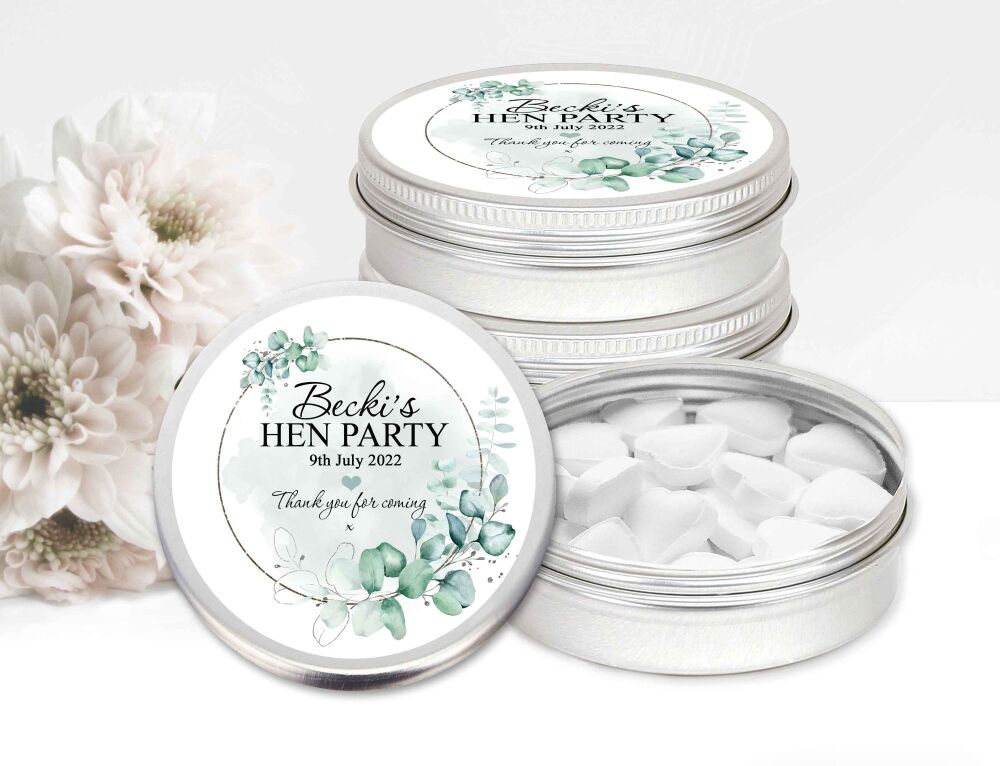 Eucalyptus Botanicals Silver Frame Hen Party Personalised Mint Tins Favours