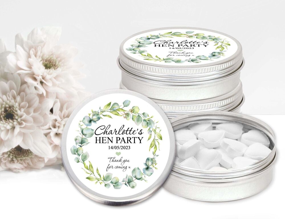 Eucalyptus Wreath Hen Party Personalised Mint Tins Favours x1