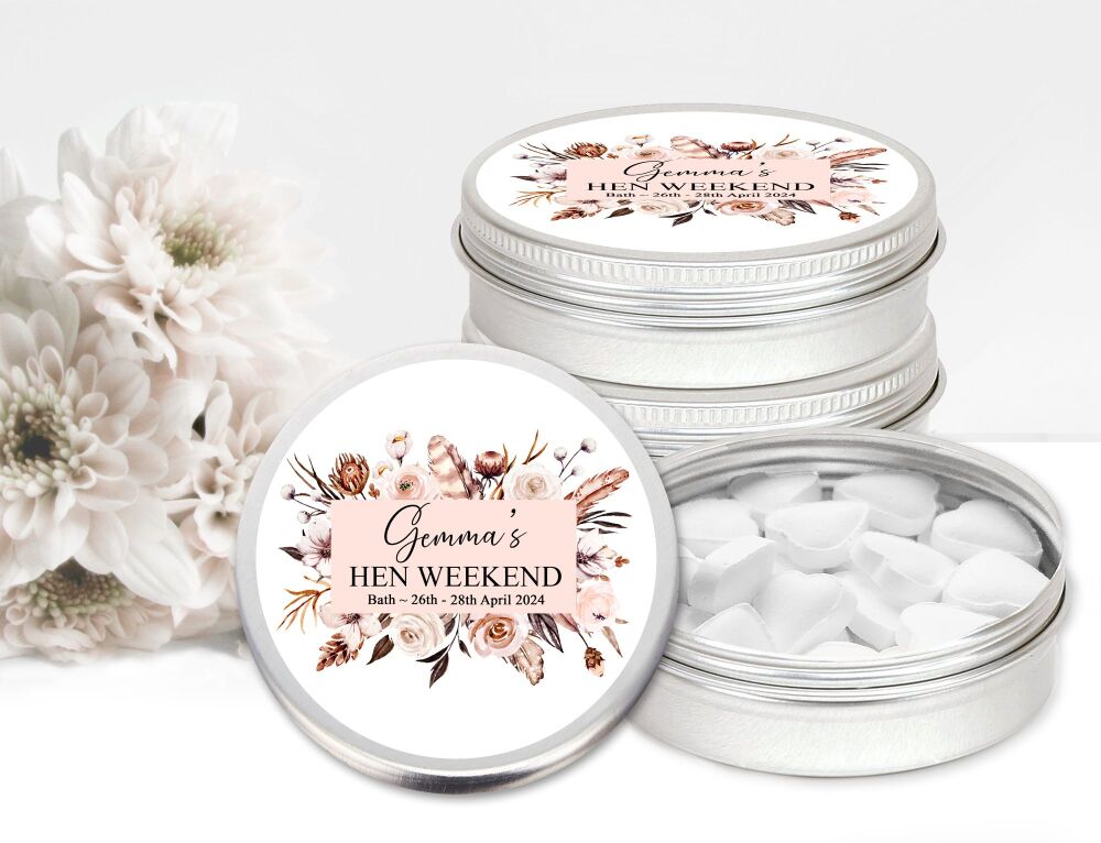 Boho Natural Autumn Flowers Hen Party Personalised Mint Tins Favours x1