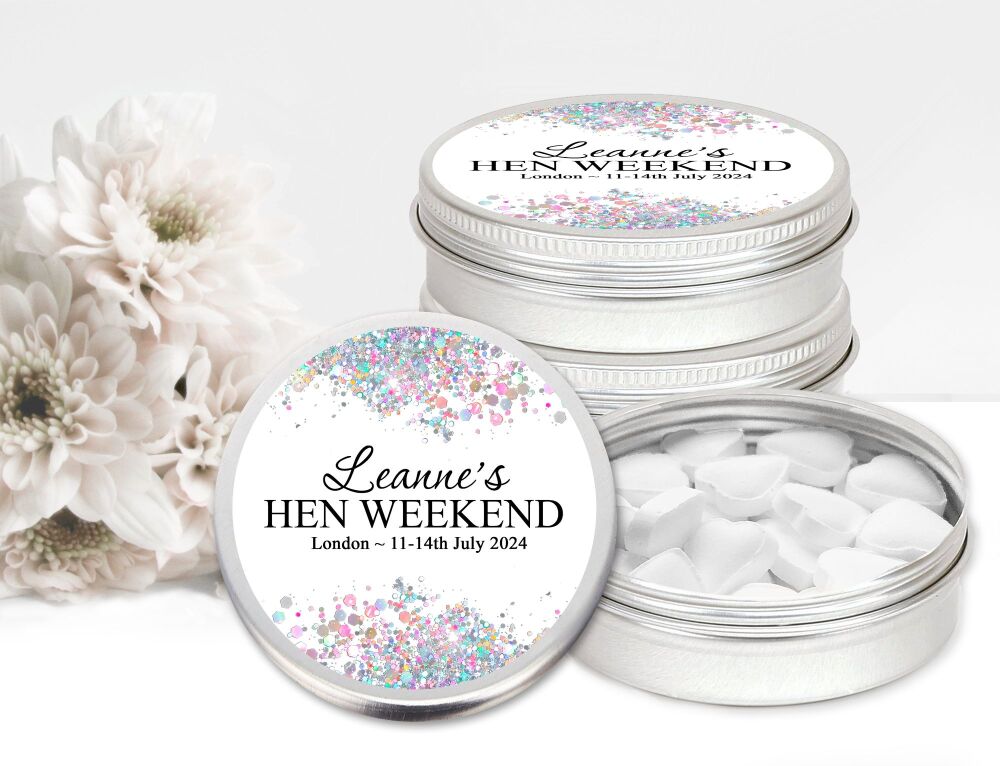 White Iridescent Confetti Borders Hen Party Personalised Mint Tins Favours 