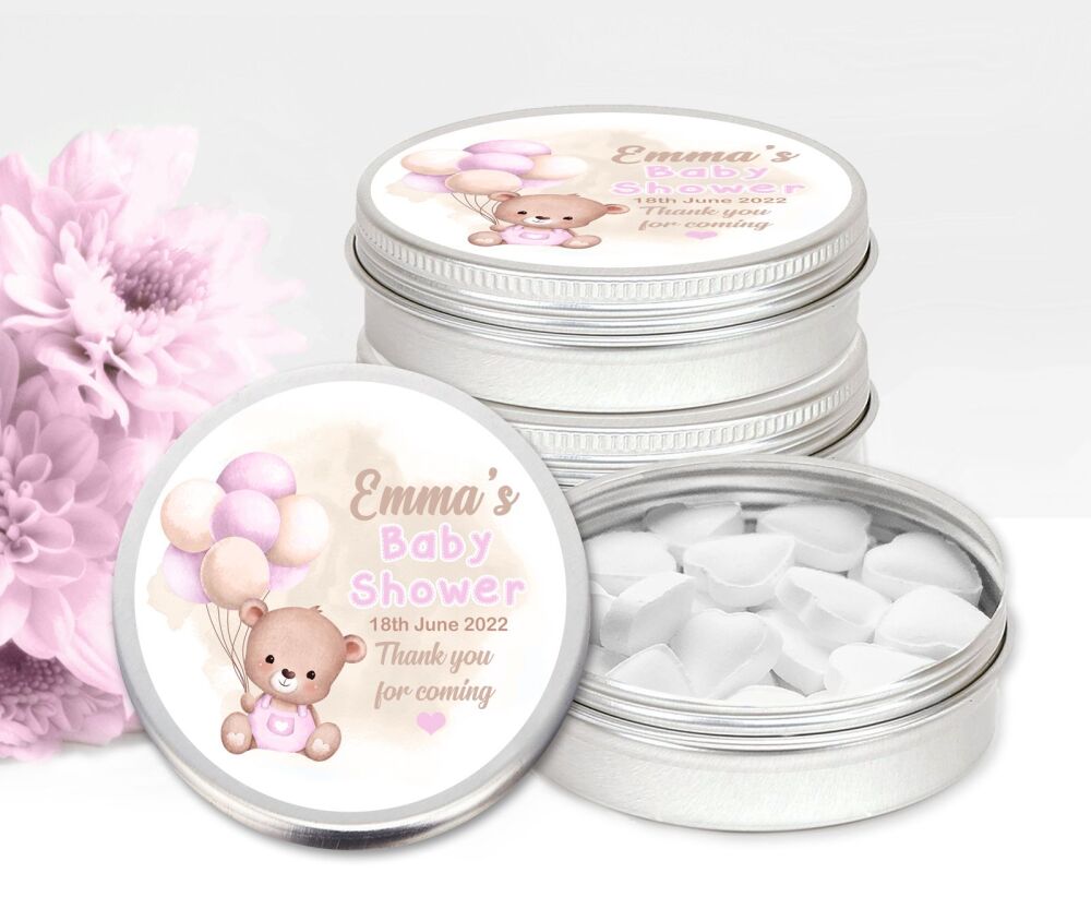 Beige Pink Bear Balloons Baby Shower Personalised Mint Tins Favours x1