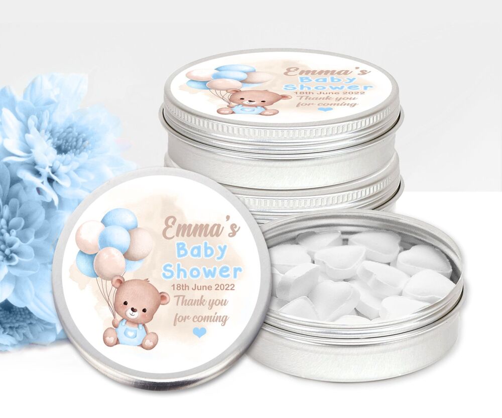 Beige Blue Bear Balloons Baby Shower Personalised Mint Tins Favours x1