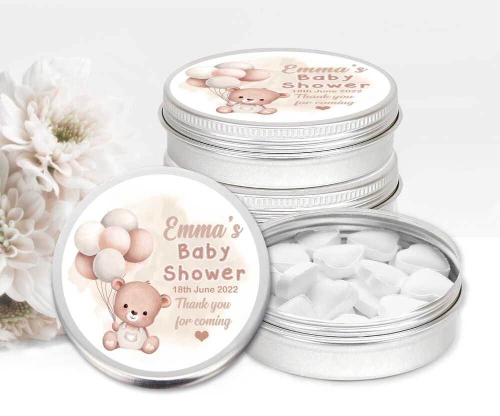 Beige Bear Balloons Baby Shower Personalised Mint Tins Favours x1