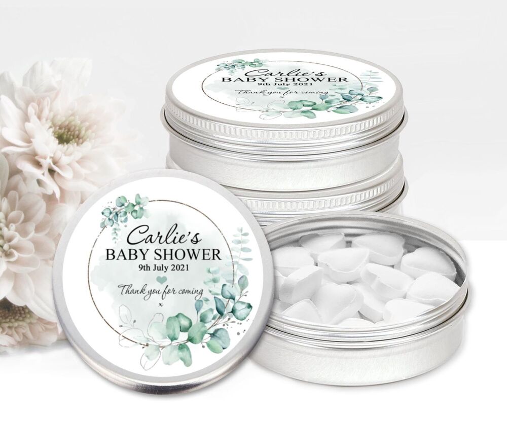 Botanicals Silver Frame Baby Shower Personalised Mint Tins Favours x1