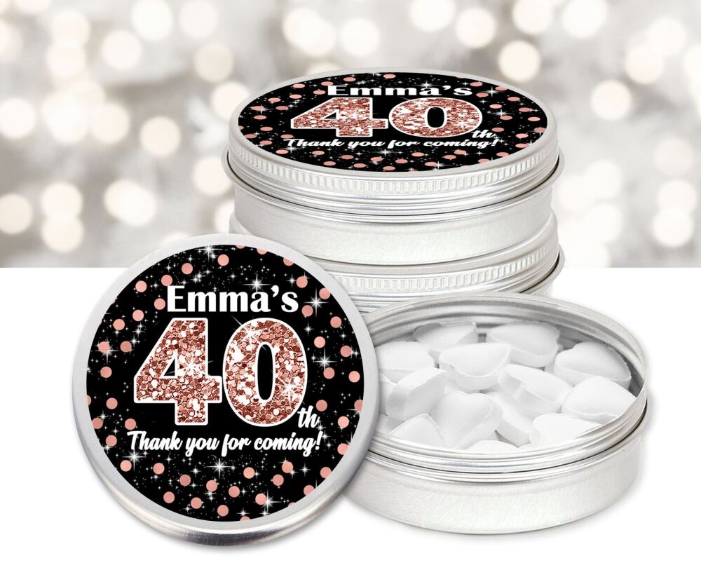 Rose Gold Glitter Age Confetti Birthday Party Personalised Mint Tins Favour