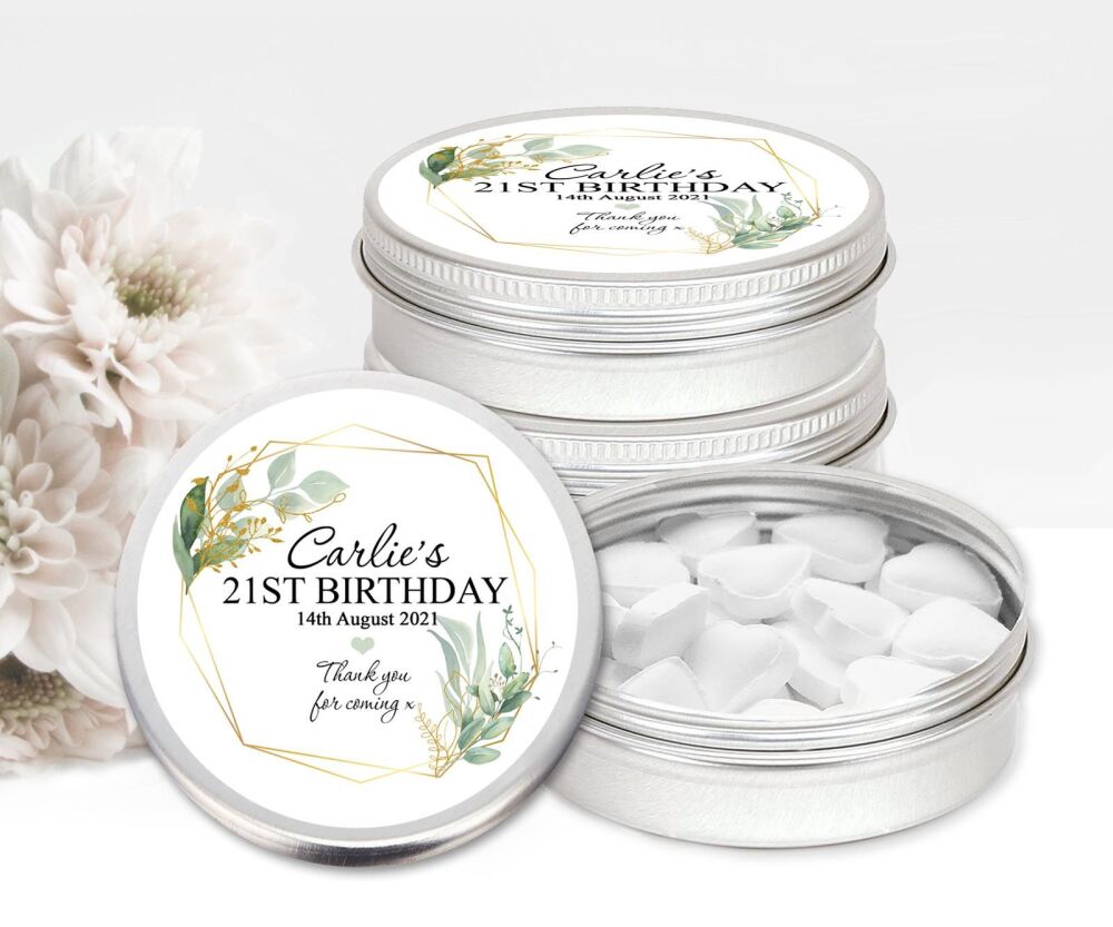 Geometric Botanicals Birthday Party Personalised Mint Tins Favours x1