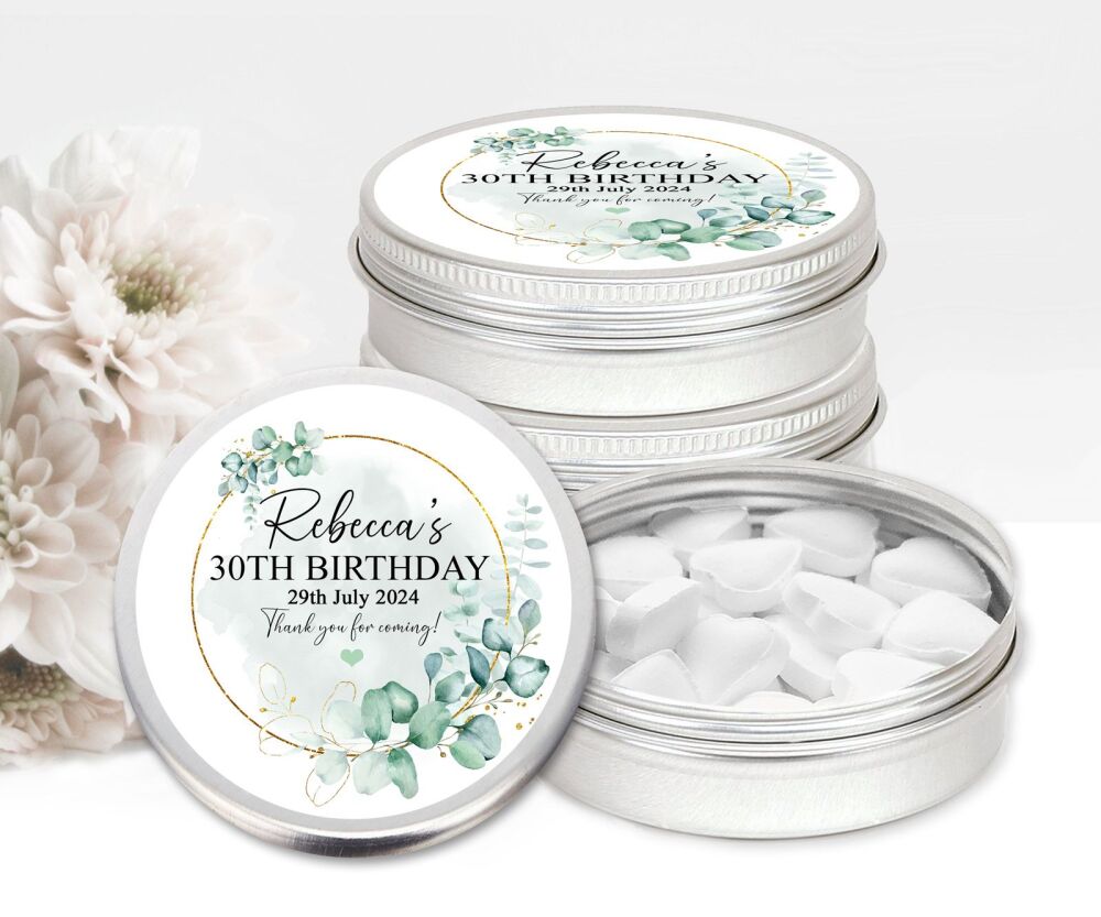 Eucalyptus Gold Frame Birthday Party Personalised Mint Tins Favours x1
