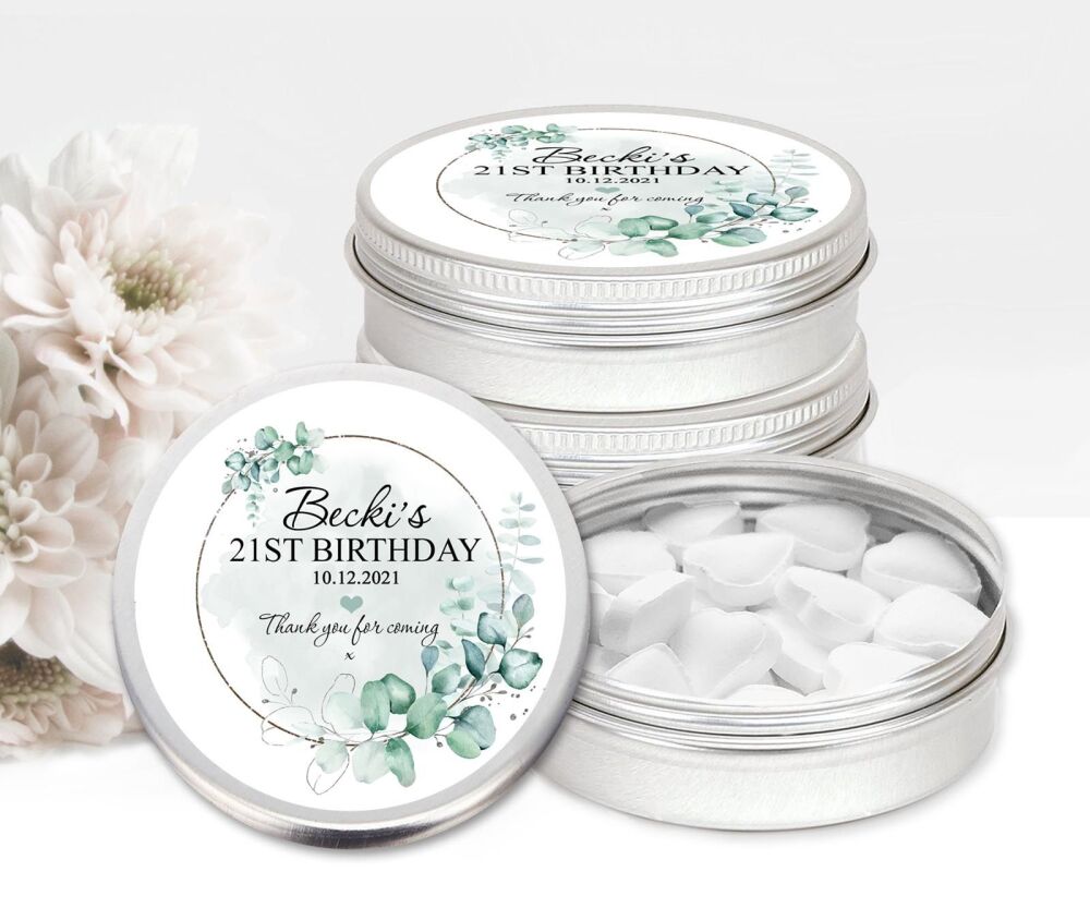 Eucalyptus Silver Frame Birthday Party Personalised Mint Tins Favours x1