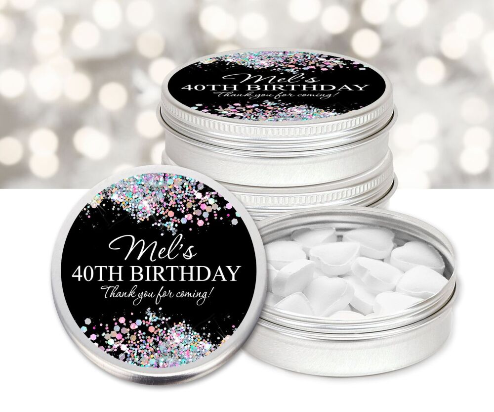 Black Glitter Confetti Borders Birthday Party Personalised Mint Tins Favours x1