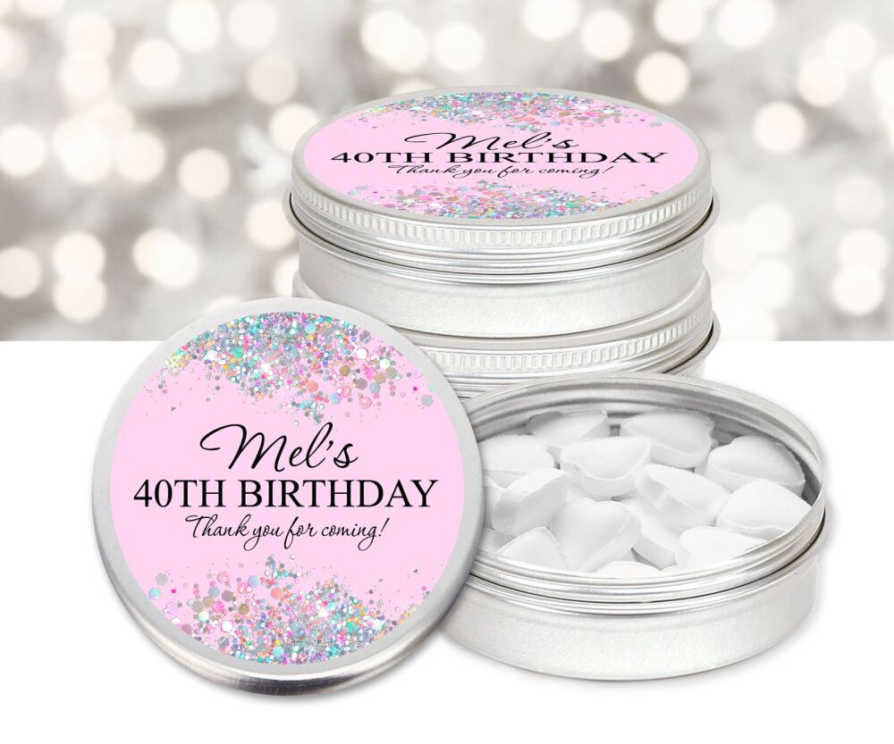 Pink Glitter Confetti Borders Birthday Party Personalised Mint Tins Favours x1