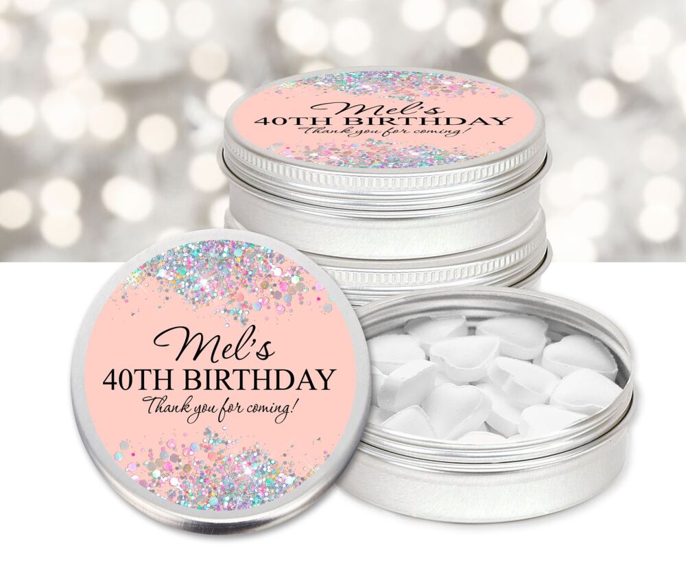 Rose Gold Glitter Confetti Borders Birthday Party Personalised Mint Tins Fa