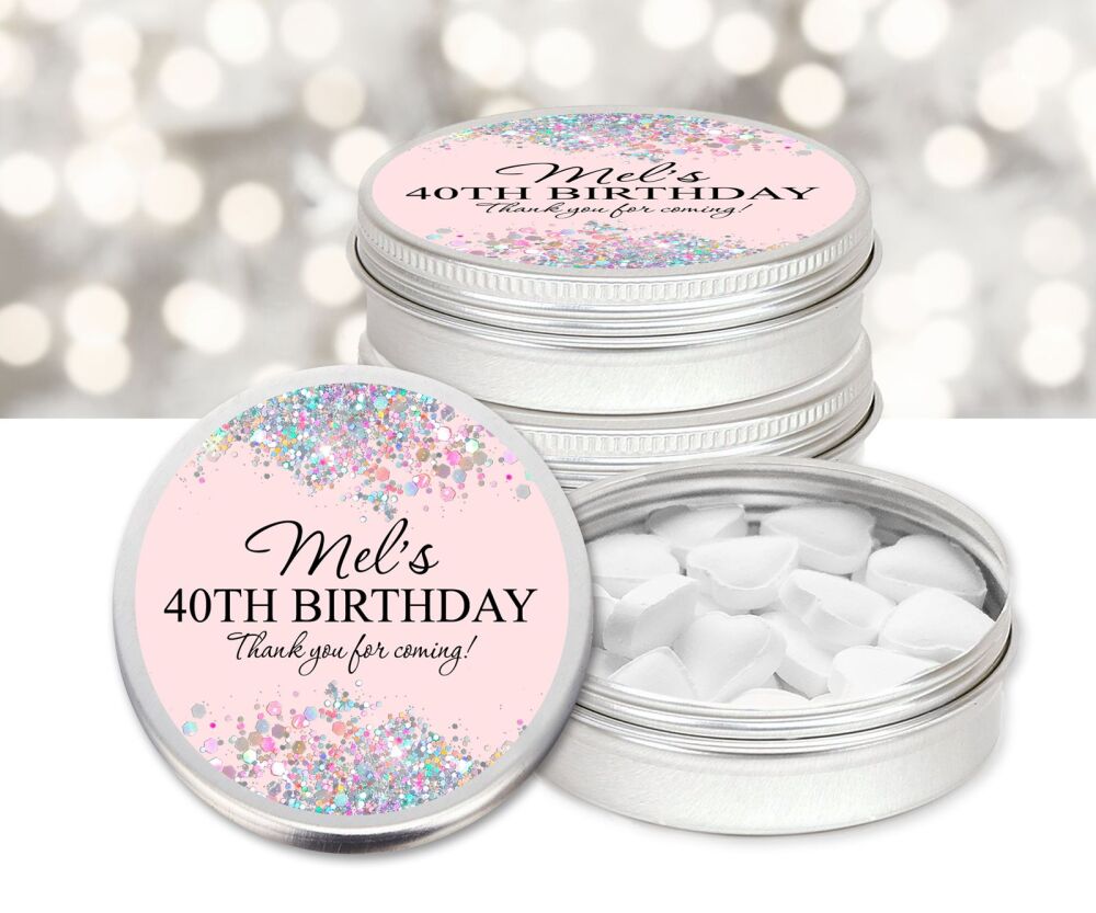 Blush Pink Glitter Confetti Borders Birthday Party Personalised Mint Tins Favours x1