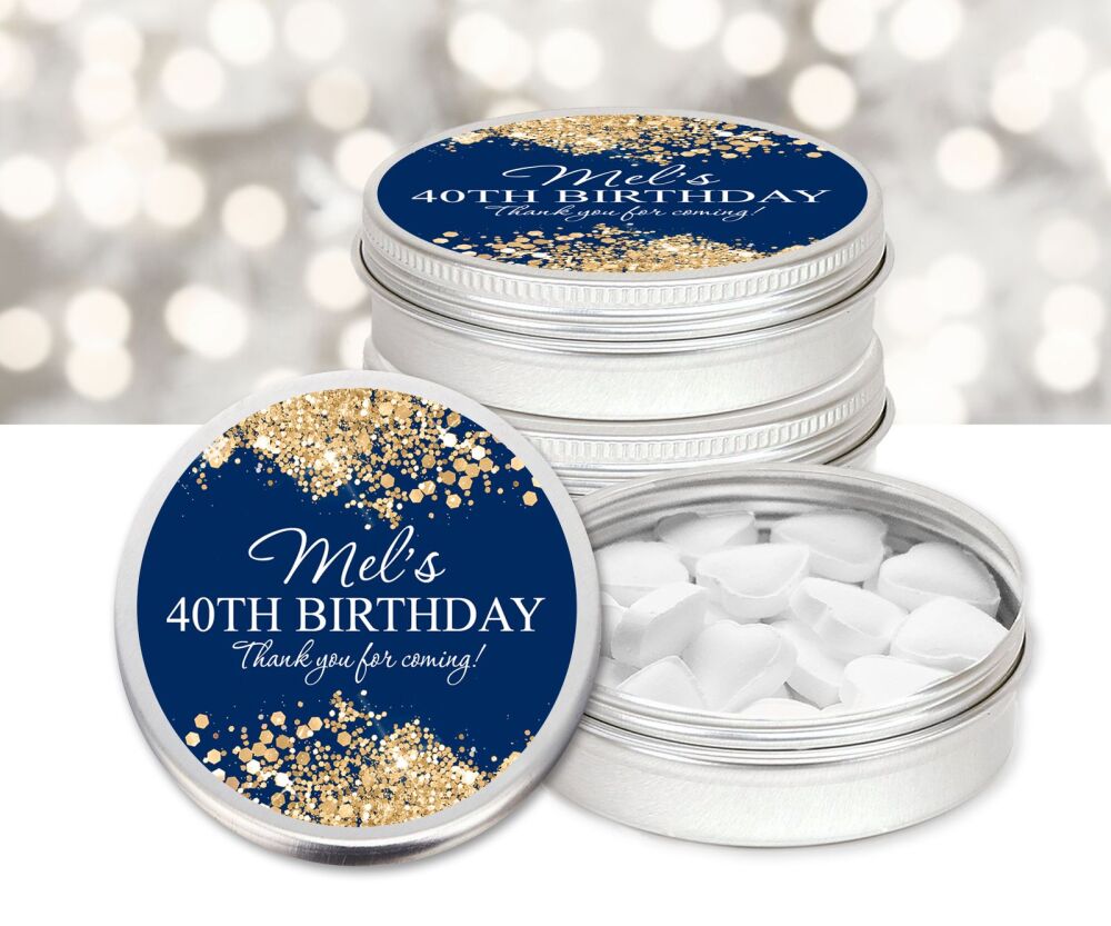 Navy Gold Glitter Confetti Borders Birthday Party Personalised Mint Tins Favours x1