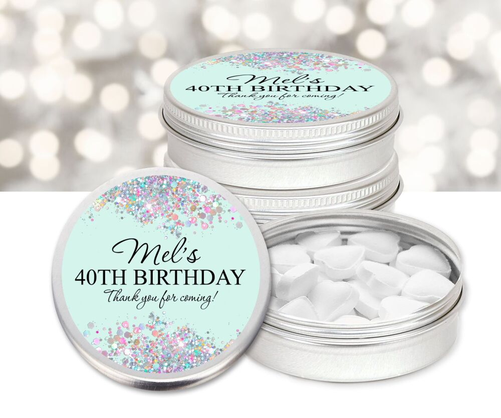 Mint Green Glitter Confetti Borders Birthday Party Personalised Mint Tins Favours x1