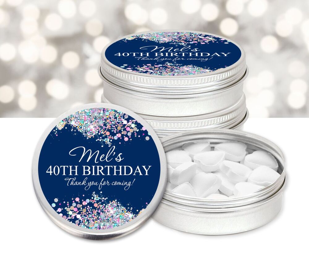 Navy Glitter Confetti Borders Birthday Party Personalised Mint Tins Favours x1