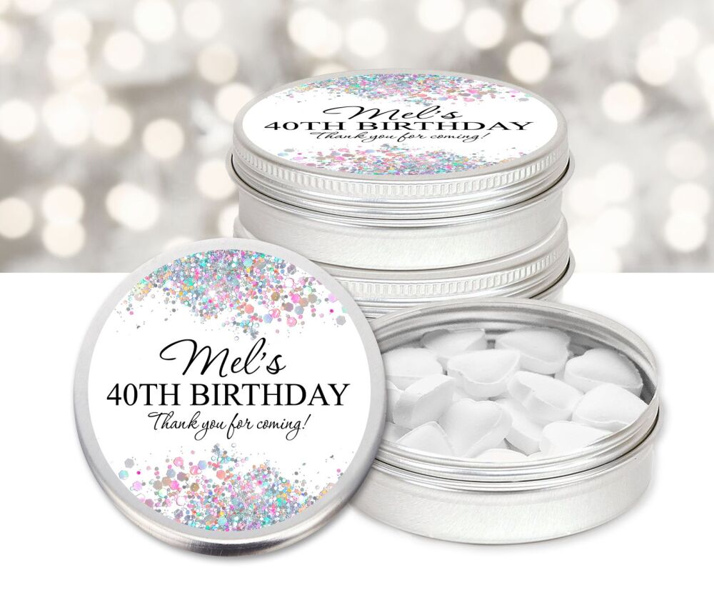 White Glitter Confetti Borders Birthday Party Personalised Mint Tins Favours x1
