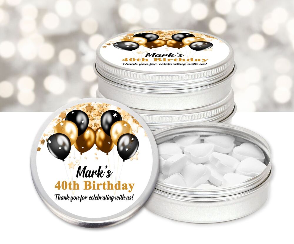 Black And Gold Balloons Birthday Party Personalised Mint Tins Favours x1