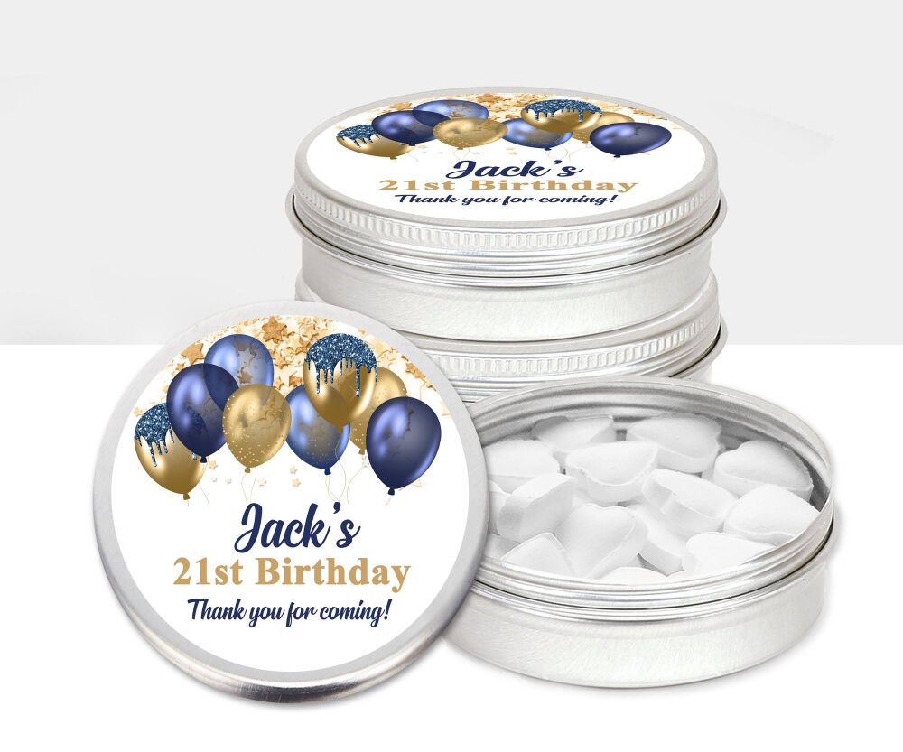 Navy And Gold Balloons Birthday Party Personalised Mint Tins Favours x1
