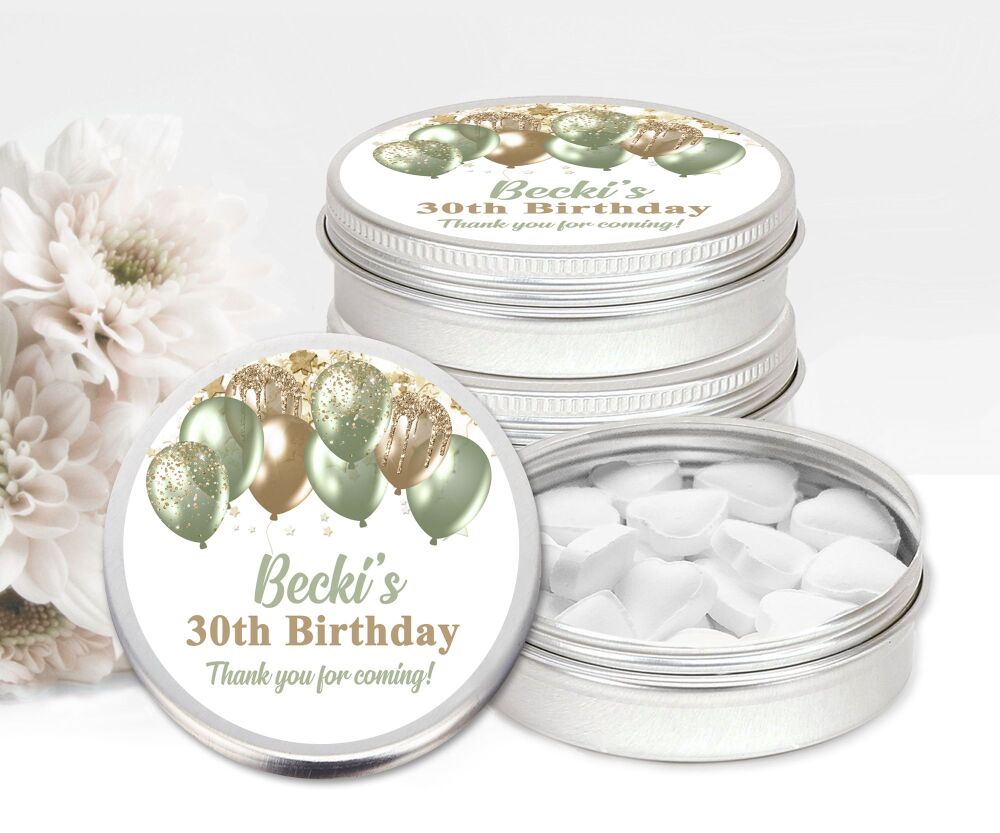 Sage And Gold Balloons Birthday Party Personalised Mint Tins Favours x1