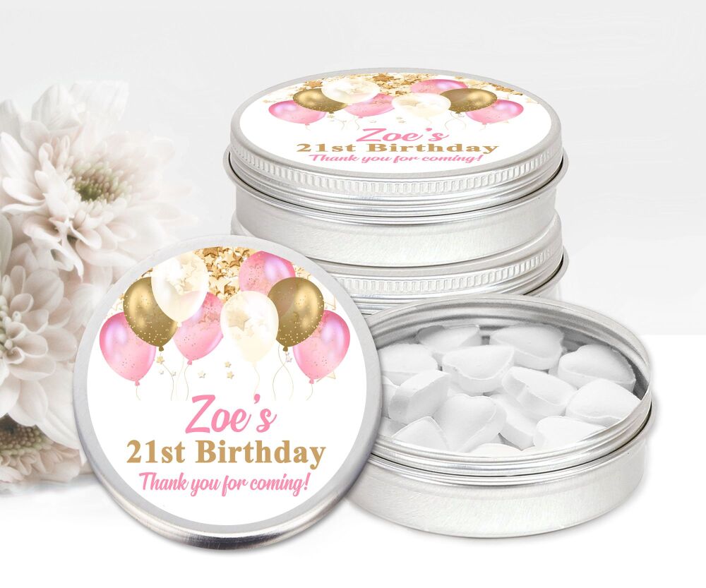 Pink And Gold Balloons Birthday Party Personalised Mint Tins Favours x1