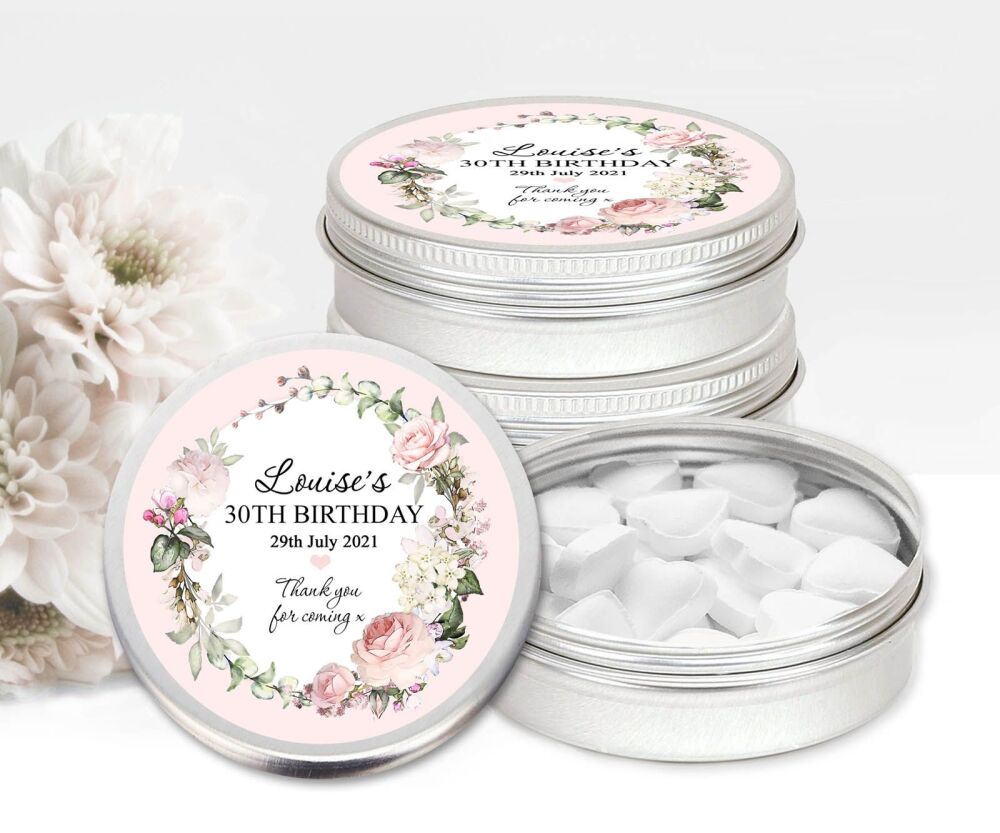 Pink Vintage Floral Wreath Birthday Party Personalised Mint Tins Favours x1